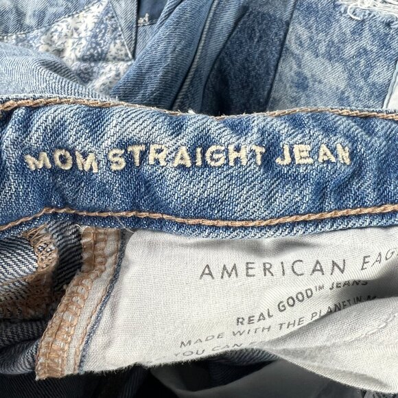 American Eagle Jeans Women's 0 Reg Mom Straight Blue Patchwork Distressed Denim - Picture 8 of 16